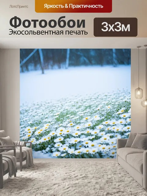 Фотообои зимний пейзаж, где ромашки укрыты белым снегом, создают неожиданный контраст