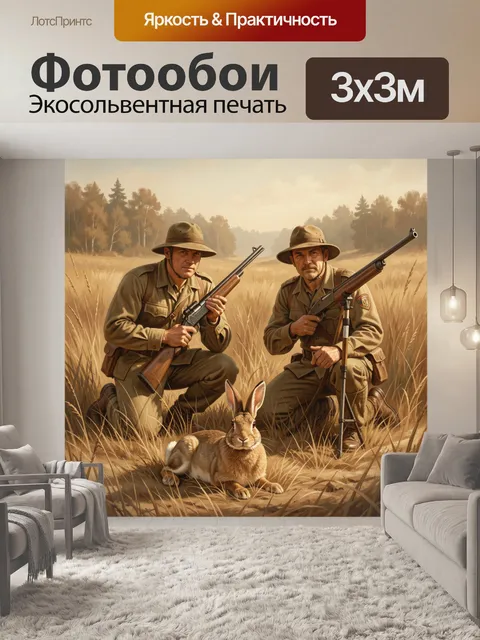 Фотообои Охотники с ружьями и кролик