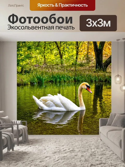 Фотообои сказка лес, дневной свет играет на водной глади пруда, лебеди плавают, сказочные деревья, уютные уголки для…