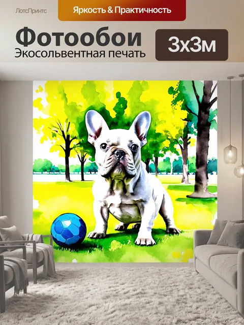 Фотообои французский бульдог, играющий с мячом в ярком парке