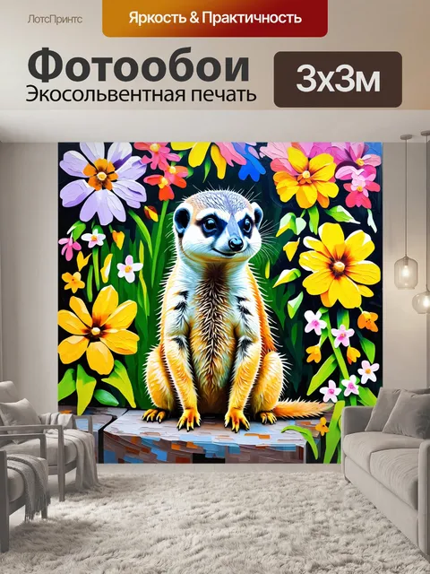 Фотообои сурикат в зоопарке, гроздья цветов вокруг него, выполненный в стиле импрессионизма