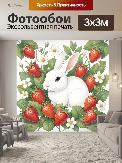 Фотообои Белый кролик среди клубники