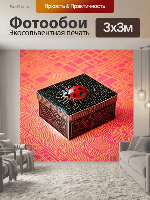 Фотообои коробка с тонким пунктирным рисунком, украшенная божьими коровками в стиле ар-деко