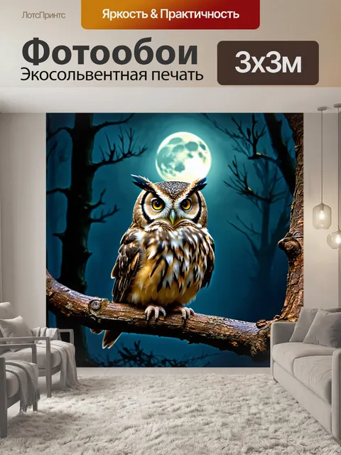Фотообои уютная сова, сидящая на ветке в лесу при луне