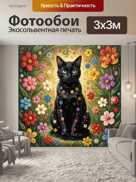 Фотообои Черный кот среди ярких цветов