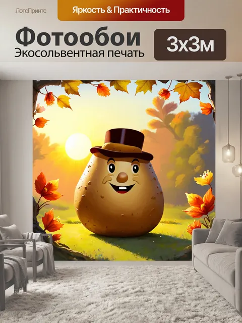 Фотообои зафиксируйте момент, когда мистер картофель наслаждается вечерним закатом, его голова окаймлена мягкими…