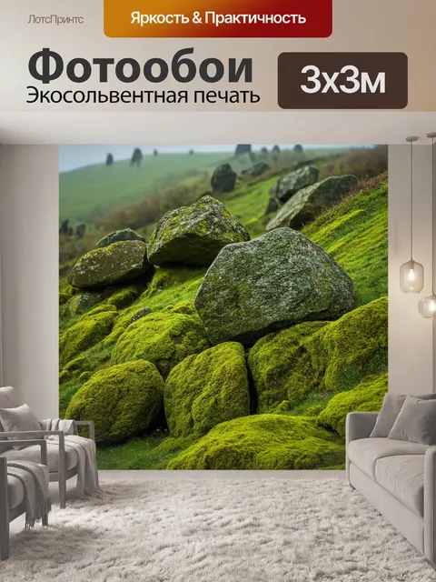 Фотообои груды крупных камней, извивающихся по склону, местами покрытых зелеными мхами и атмосферой древности