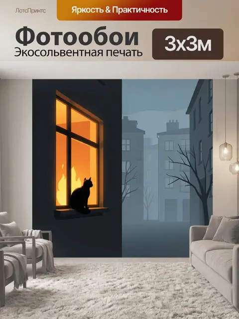 Фотообои Черный кот у горящего окна