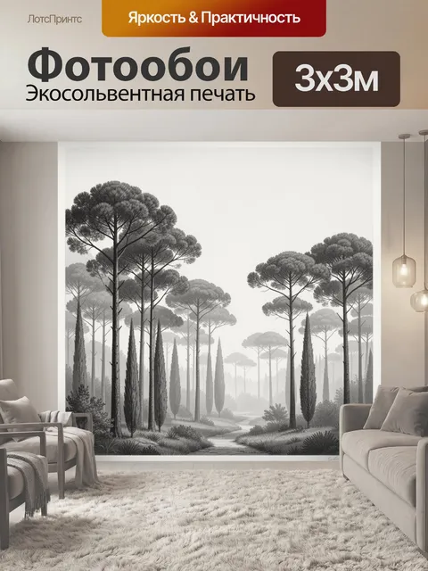 Фотообои Туманный лес с высокими соснами