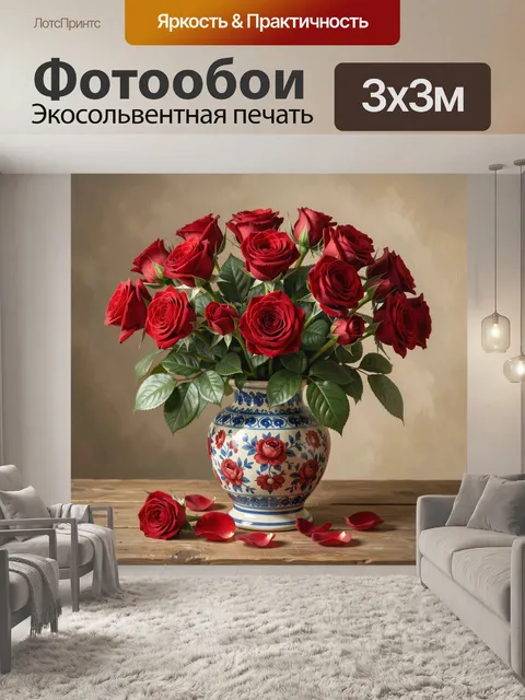 Фотообои Красные розы в керамической вазе