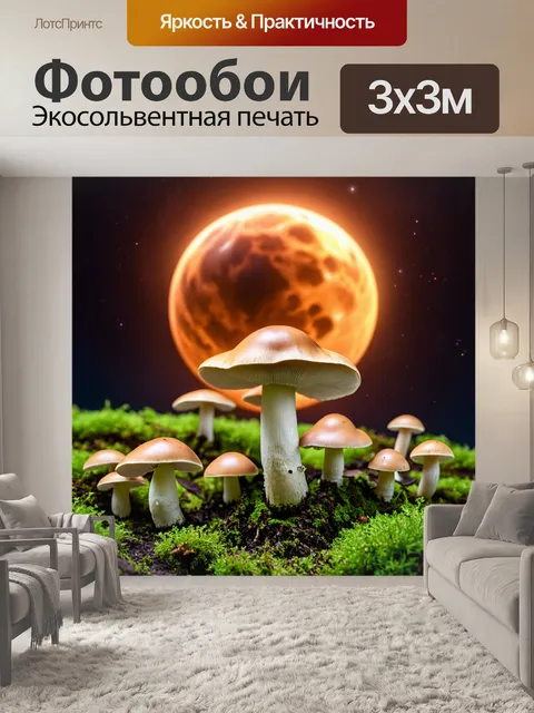 Фотообои грибы на фоне светящихся небесных тел, создающих загадочную атмосферу