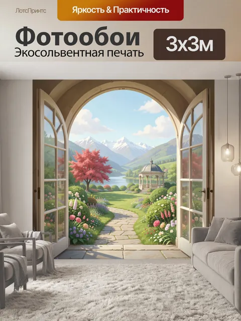 Фотообои Весенний сад с беседкой у озера