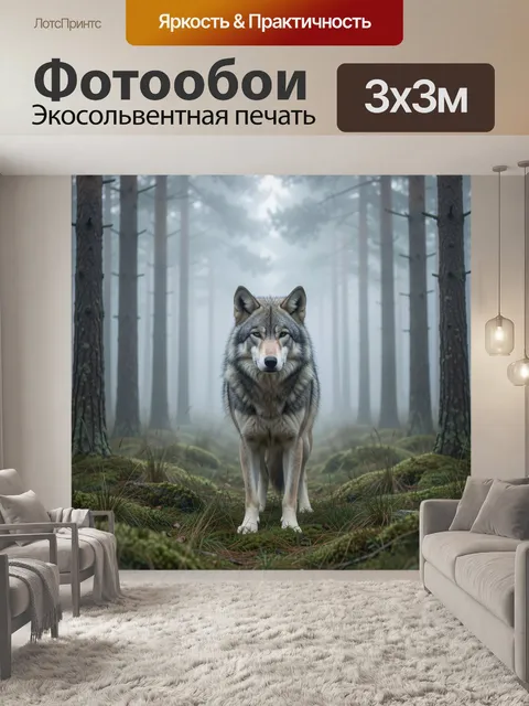 Фотообои Волк в туманном лесу