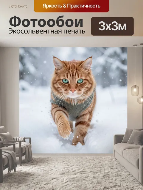 Фотообои Рыжий кот в снегу