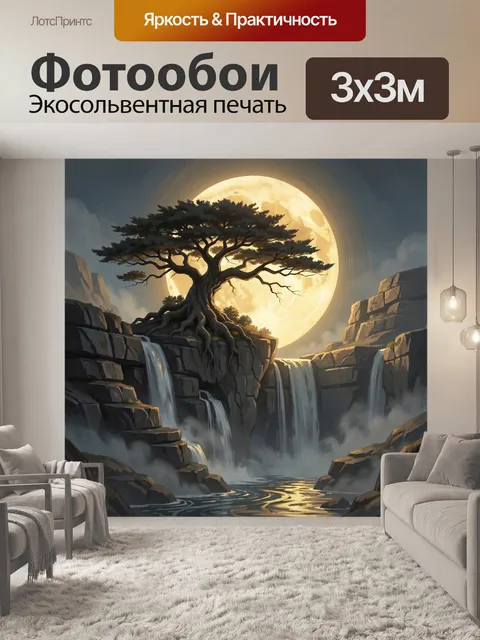 Фотообои Луна над водопадами и деревом