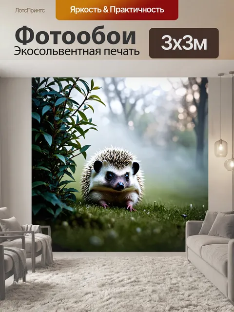 Фотообои ежик, пойманный в облаке тумана, выглядывает из-за куста ранним утром, создавая загадочную атмосферу