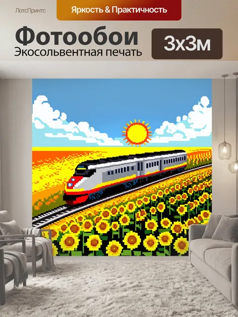 Фотообои на полях цветущих подсолнухов проезжает модель поезда "пико", придавая живописному пейзажу особую динамику