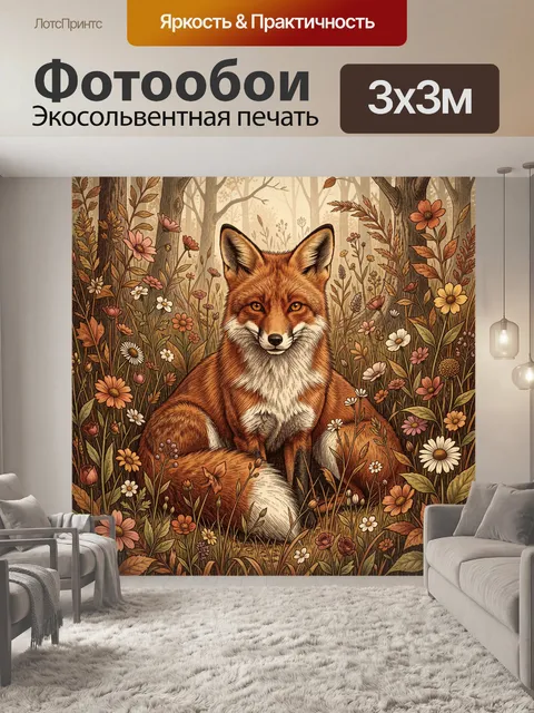 Фотообои Лиса среди полевых цветов