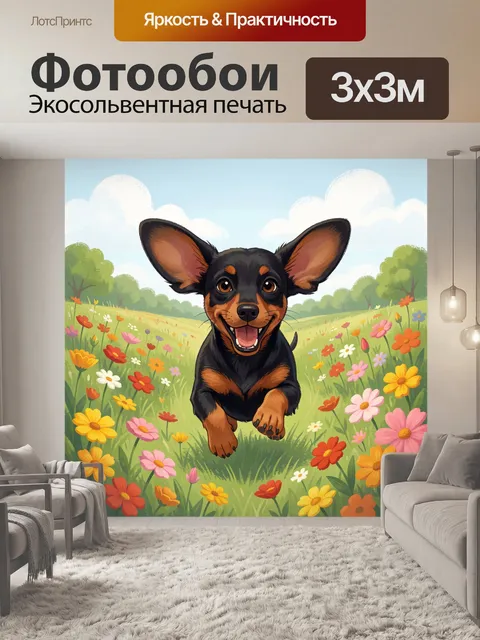Фотообои Веселый щенок среди цветов