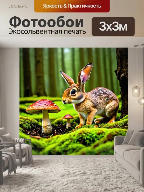 Фотообои заяц, исследующий разноцветные грибы в лесу, с большим вниманием к окружающей среде, на фоне зелёных мхов и…