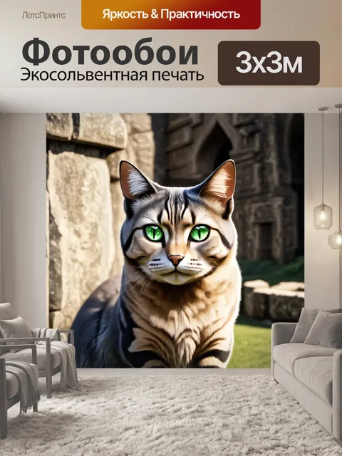 Фотообои ориентальная короткошерстная кошка с блестящими зелеными глазами, позирующая на каменном фоне старинного замка