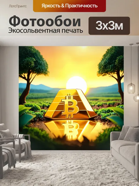 Фотообои тематический пейзаж, в котором яркое золотое солнце освещает большой золотой слиток, окруженный растущими…