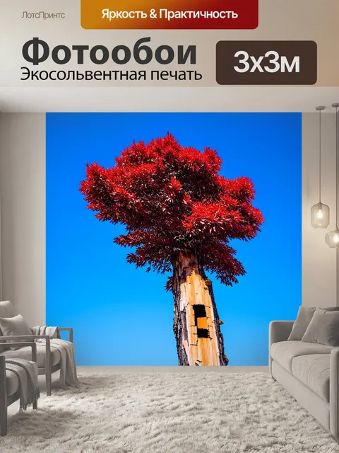 Фотообои красное дерево, его кора отошла от ствола, образуя интересные узоры на фоне синего неба