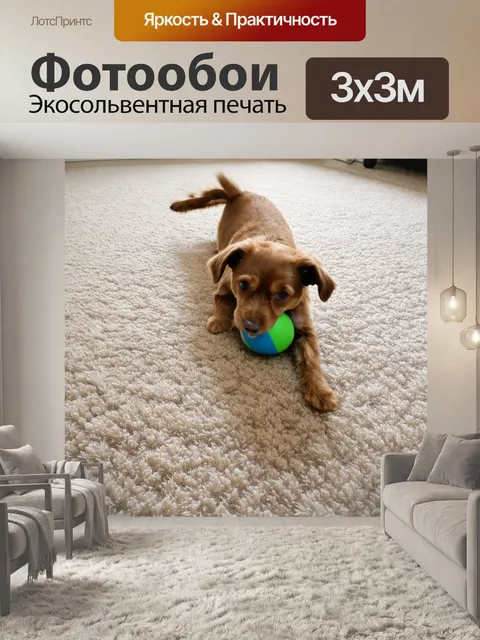 Фотообои коричневый домашний питомец, играющий с мячом на ковре