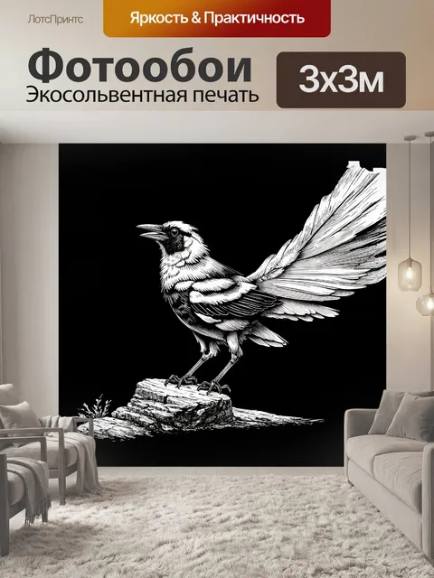 Фотообои на темном, абстрактном фоне, ворона в черно-белом цвете, с перьями, растрепанными от ветра, камнем падает…