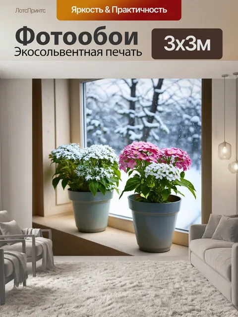 Фотообои цветы в стиле фотореализм: зимние цветы в горшках на подоконнике, снежные пейзажи за окном, уютная атмосфера
