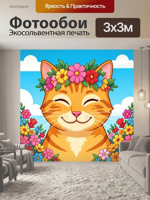Фотообои Улыбающийся рыжий кот с цветами