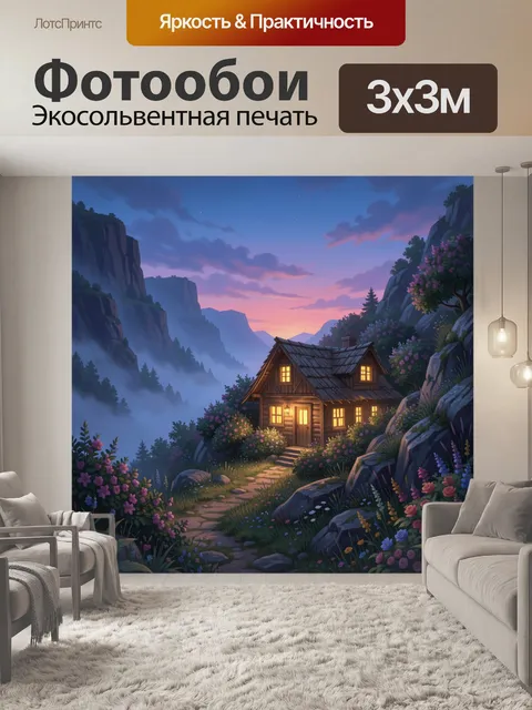 Фотообои Уютный домик в горах на закате
