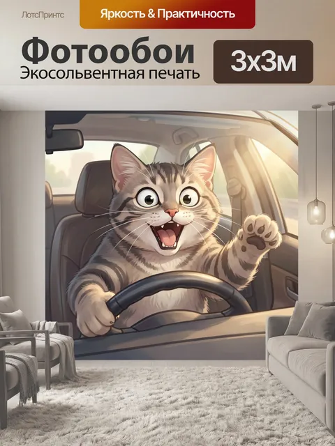 Фотообои Удивленный кот за рулем автомобиля
