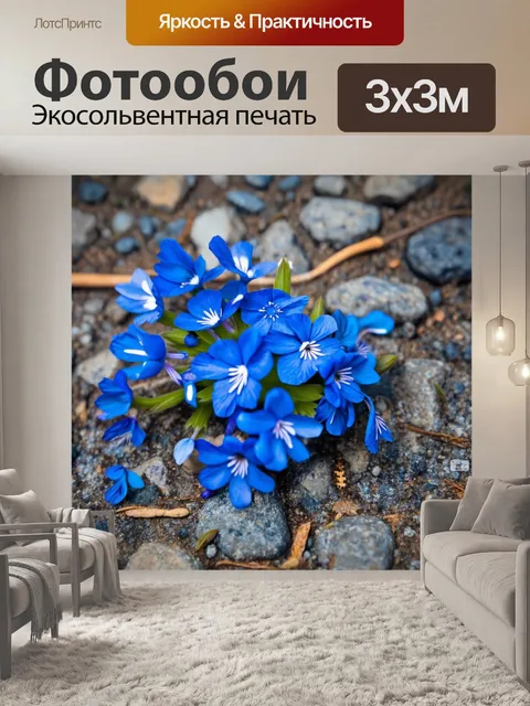 Фотообои крупный план синих цветков, роняющих лепестки на каменистую тропу