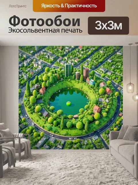 Фотообои город в стиле эмодзи, зелёные насаждения с эмодзи природы и экологии