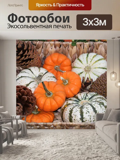 Фотообои Маленькие тыквы и сосновые шишки