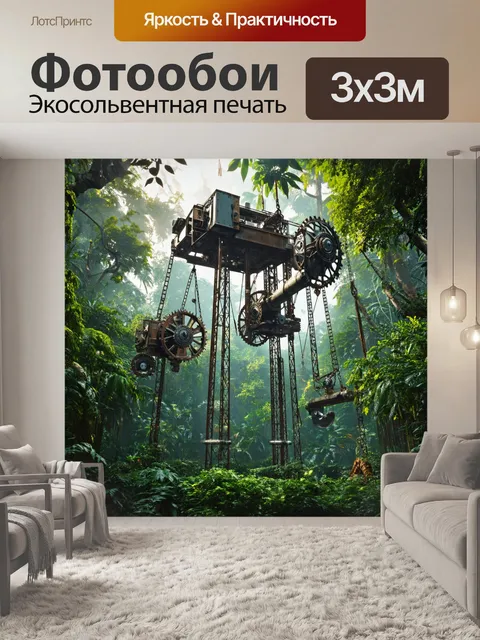 Фотообои джунгли в стиле стимпанк с гигантскими механизмами, поднятыми на металлических стеблях