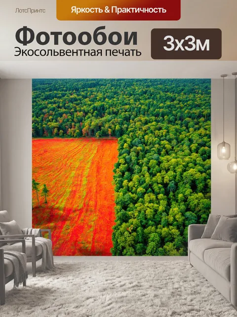 Фотообои природа в стиле ретрофутуризм, где леса и поля разделены цветными потоками, образующими уникальные экосистемы