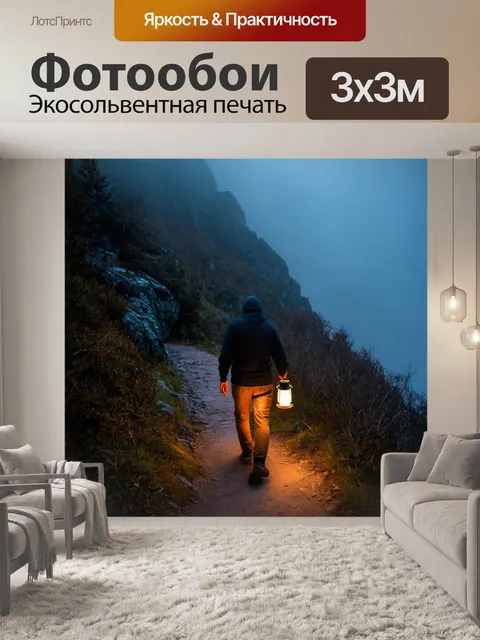 Фотообои с фонарем, который держит турист, идущий по опасной горной тропе, где крутые скалы и вечерний туман создают…