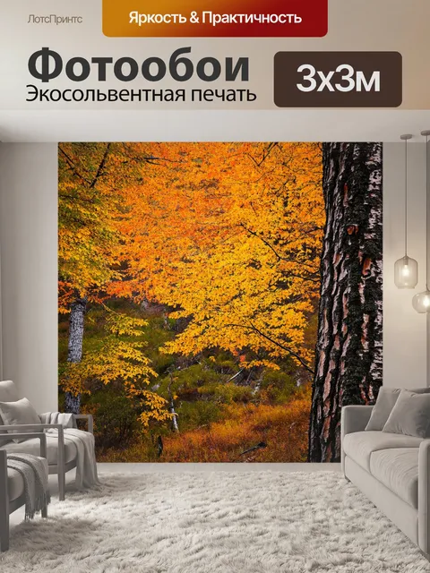 Фотообои осенний лес у подножия эльбруса, где листья окрашены в яркие оттенки желтого и оранжевого