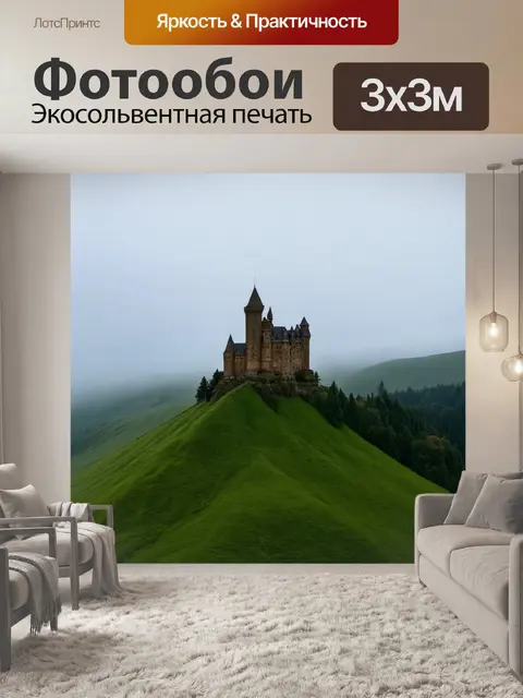 Фотообои коричневый замок на горизонте, окруженный зелеными холмами и туманом