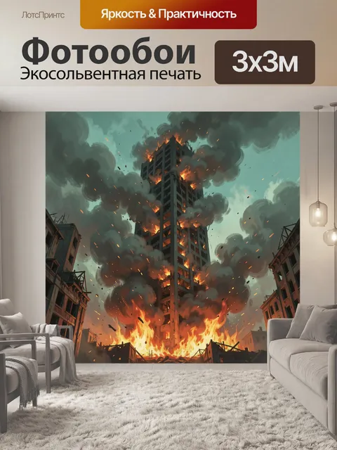 Фотообои Горящее высотное здание в городе