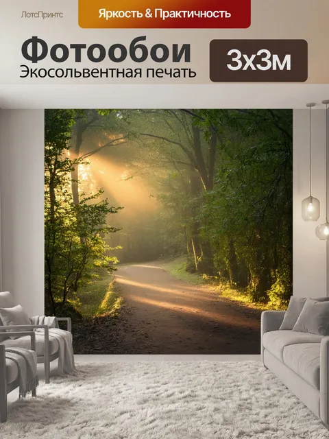 Фотообои утро: лесной путь, укрытый утренней росой и солнечными лучами, пробивающимися сквозь листву