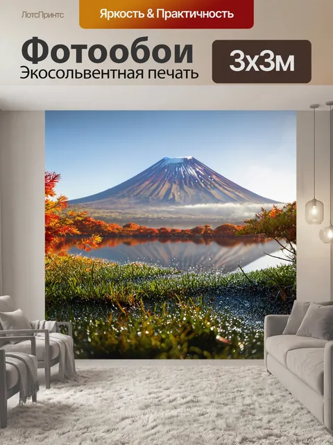 Фотообои вулкан корякский в осеннем утре: роса на траве сверкает, а листву обволакивает легкий туман