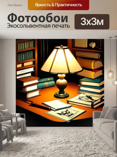 Фотообои на столе холмса, заваленном книгами и чертежами, ярко светит лампа, создавая ощущение уюта
