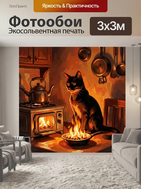Фотообои Черный кот у огня на кухне