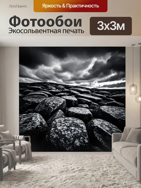 Фотообои черно-белый: блестящие скалы на фоне небес, разукрашенных тёмными облаками, создающими драматичный эффект