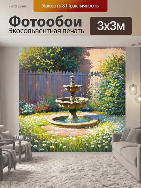 Фотообои уютный сад, усыпанный ромашками, со старинным фонтаном в центре