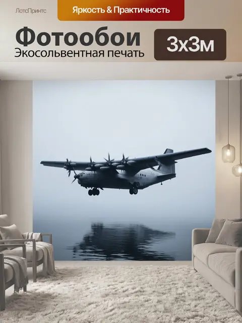 Фотообои древний экраноплан, покидающий водную гладь в тумане, его серые формы гармонируют с серым небом