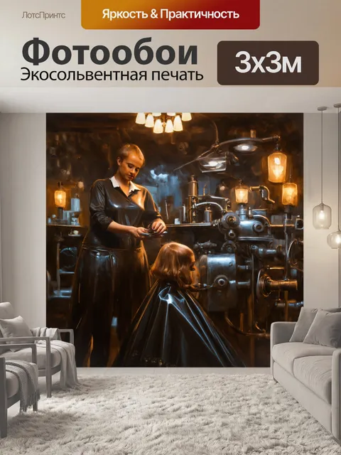 Фотообои необычный взгляд на парикмахера, работающего с клиентом, в окружении стиля стимпанк